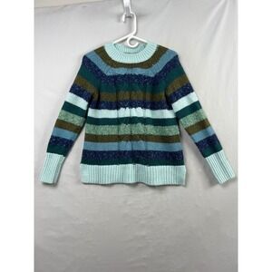 Talbots Striped Cable Knit Sweater Womens Petite Small Blue Green Wool Blend
